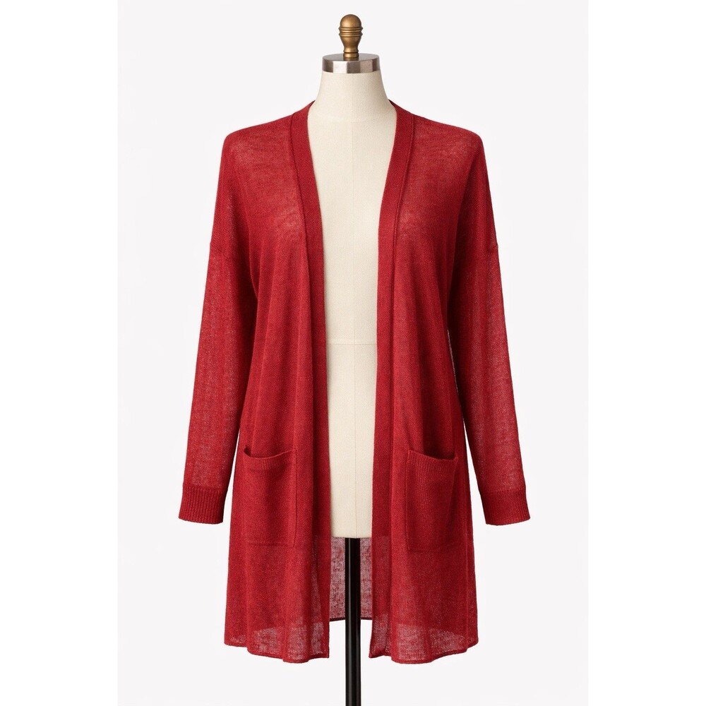 Eileen Fisher Red Organic Linen Knit Long Line Open Cardigan Sweater Pockets‎ L